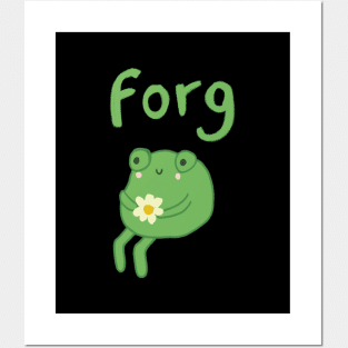 Cute Forg Frog : Sitting, Thinking, Holding a Beautiful Flower in Hand Posters and Art